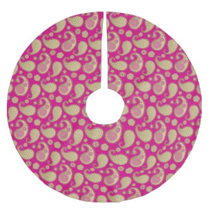 Paisley pattern, Soft Gold on Deep Fuchsia Pink Brushed Polyester Tree Skirt