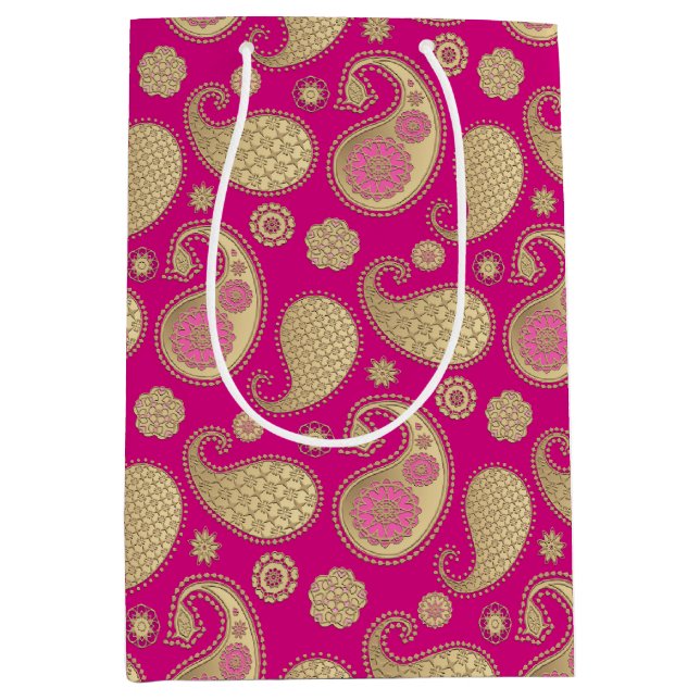 Paisley pattern, Soft Gold on Deep Fuchsia Pink Medium Gift Bag (Front)