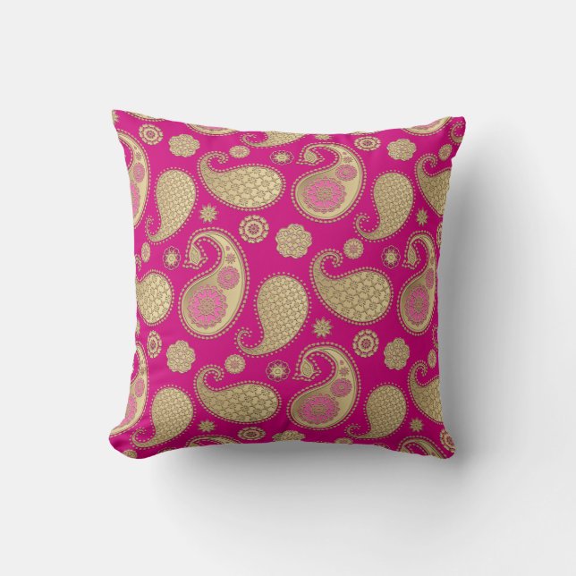 Paisley pattern, Soft Gold on Deep Fuchsia Pink Throw Pillow (Front)