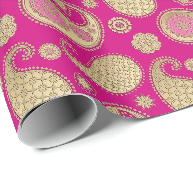 Paisley pattern, Soft Gold on Deep Fuchsia Pink Wrapping Paper (Roll Corner)