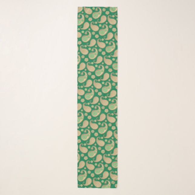 Paisley pattern, Soft Gold on Emerald Green Scarf (Front)
