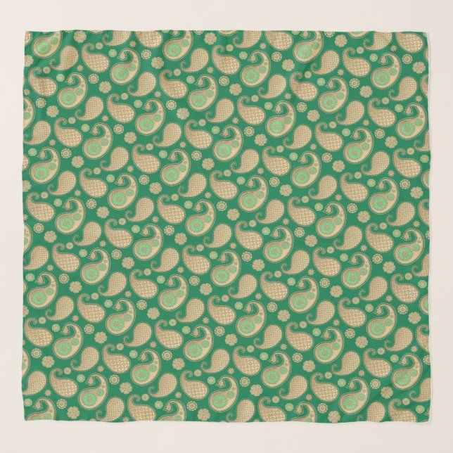 Paisley pattern, Soft Gold on Emerald Green Scarf (Front)