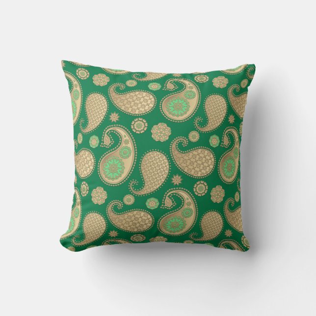 Paisley pattern, Soft Gold on Emerald Green Throw Pillow (Front)