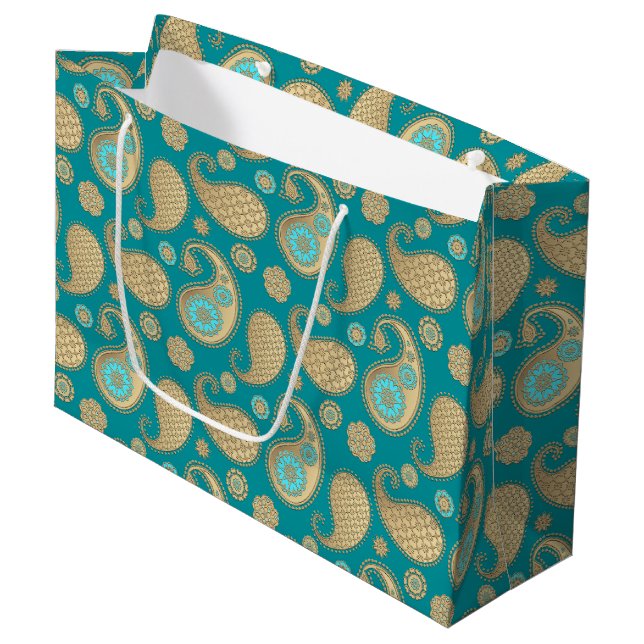 Paisley pattern, Soft Gold on Turquoise Large Gift Bag (Front Angled)