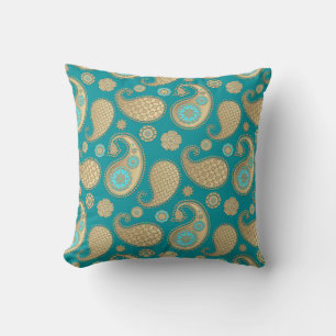 Paisley pattern, Soft Gold on Turquoise Throw Pillow