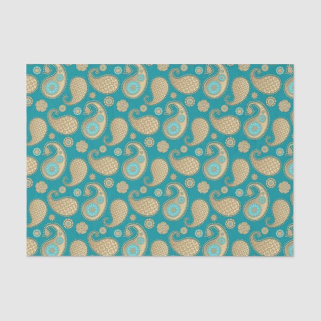 Paisley pattern, Soft Gold on Turquoise Tissue Paper (Front)