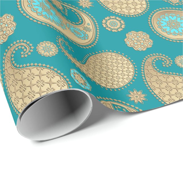Paisley pattern, Soft Gold on Turquoise Wrapping Paper (Roll Corner)
