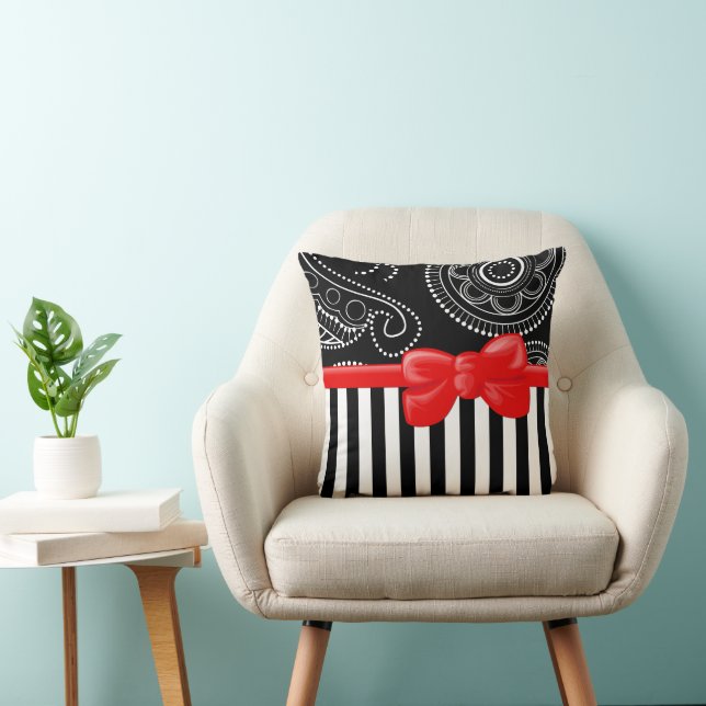 Paisley Pattern, Stripes, Lines, Black and White Throw Pillow (Chair)