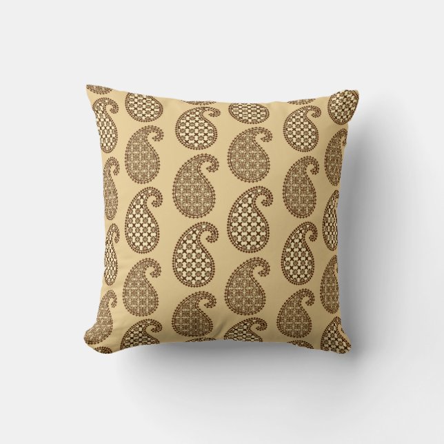 Paisley pattern, tan, cream and chocolate throw pillow (Front)