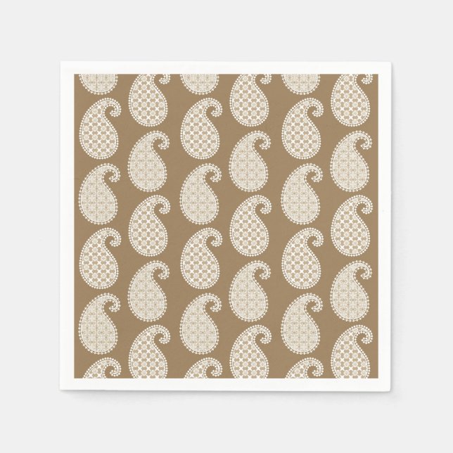 Paisley pattern, taupe tan and white paper napkins (Front)