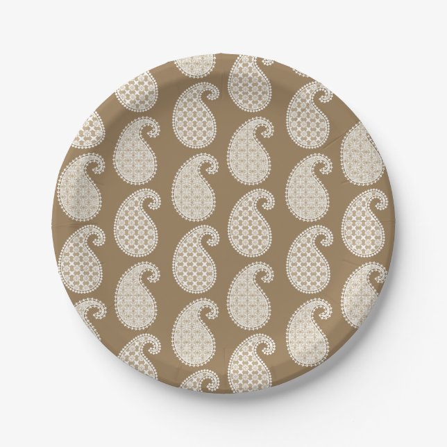 Paisley pattern, taupe tan and white paper plates (Front)
