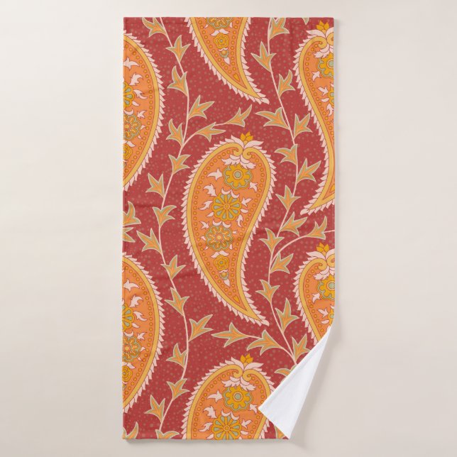 Paisley pattern. Turkish cucumber. Maroon-orange c Bath Towel (Bath Towel)