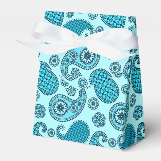 Paisley pattern, turquoise, aqua and navy favor boxes (Front Side)