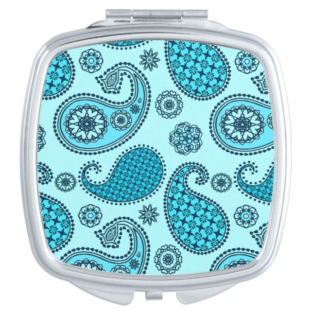 Paisley pattern, turquoise, aqua and navy mirror for makeup (Front)