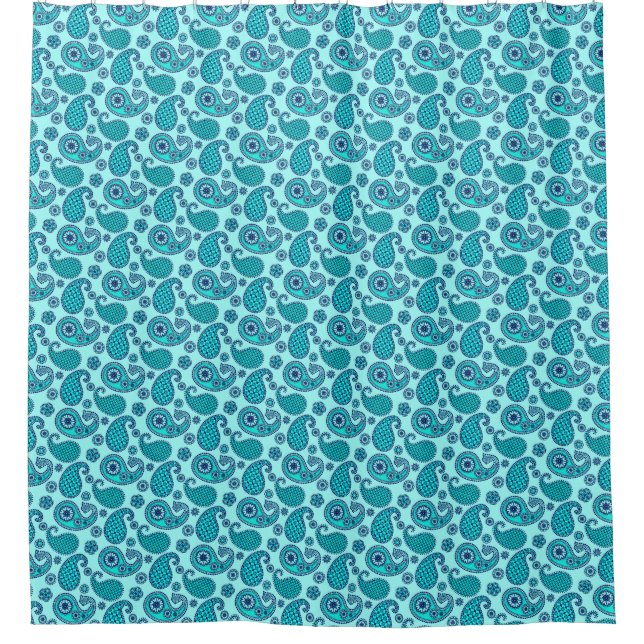 Paisley pattern, turquoise, aqua and navy shower curtain (Front)