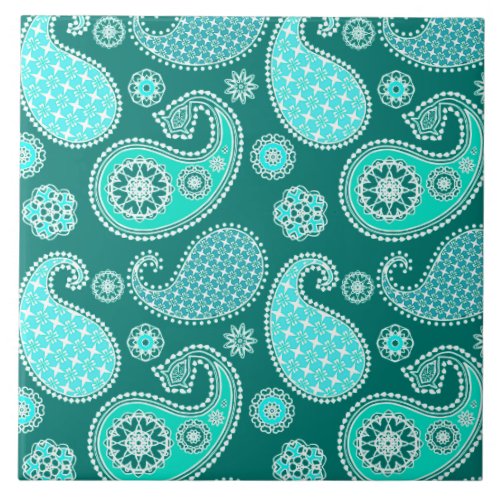 Paisley pattern Turquoise Aqua and White Ceramic Tile