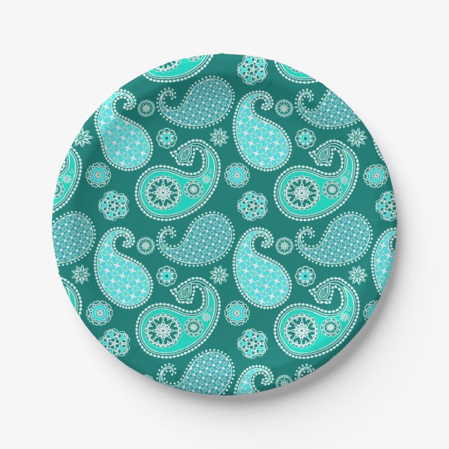 Paisley pattern, Turquoise, Aqua and White Paper Plates (Front)