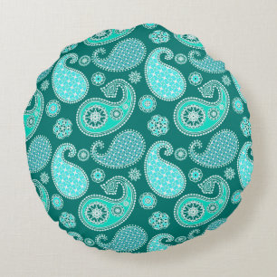 Paisley pattern, Turquoise, Aqua and White Round Pillow