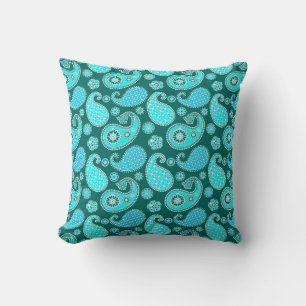 Paisley pattern, Turquoise, Aqua and White Throw Pillow