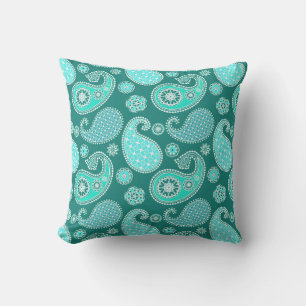 Paisley pattern, Turquoise, Aqua and White Throw Pillow