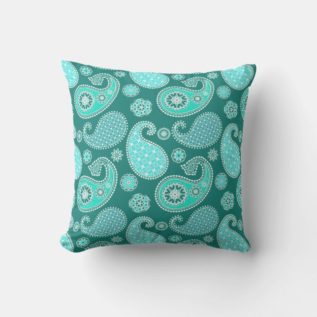 Paisley pattern, Turquoise, Aqua and White Throw Pillow (Front)