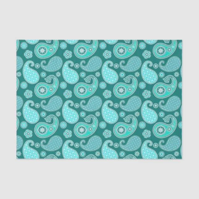 Paisley pattern, Turquoise, Aqua and White Tissue Paper (Front)