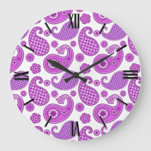Paisley pattern, violet, purple and white large clock