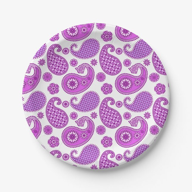 Paisley pattern, violet, purple and white paper plates (Front)