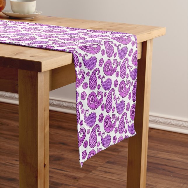 Paisley pattern, violet, purple and white short table runner (In Situ)