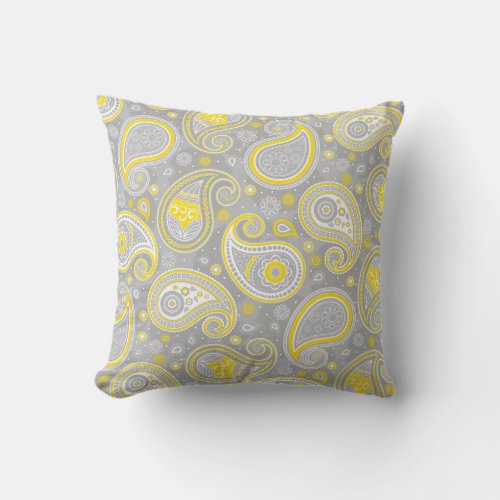 Paisley pattern yellow and grey elegant throw pillow