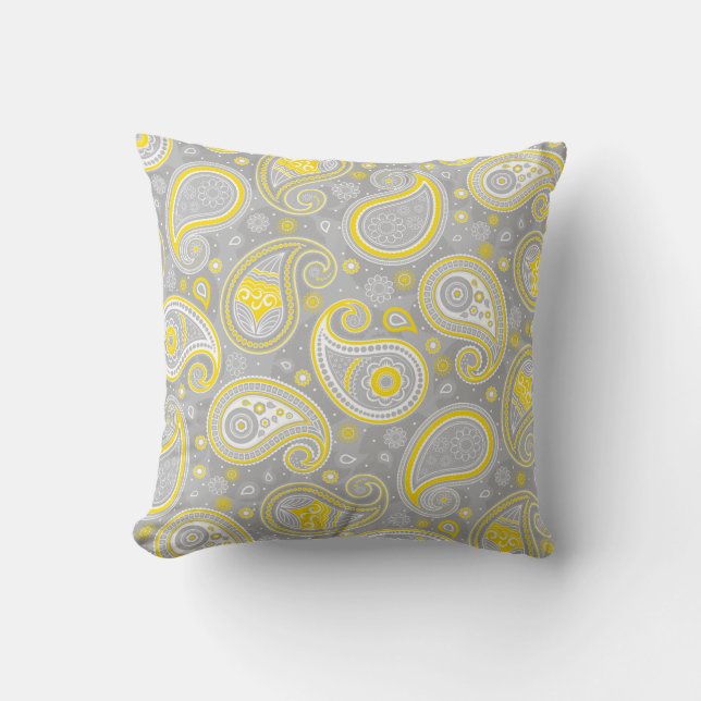 Paisley pattern yellow and grey elegant throw pillow (Front)