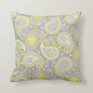 Paisley pattern yellow and grey elegant throw pillow