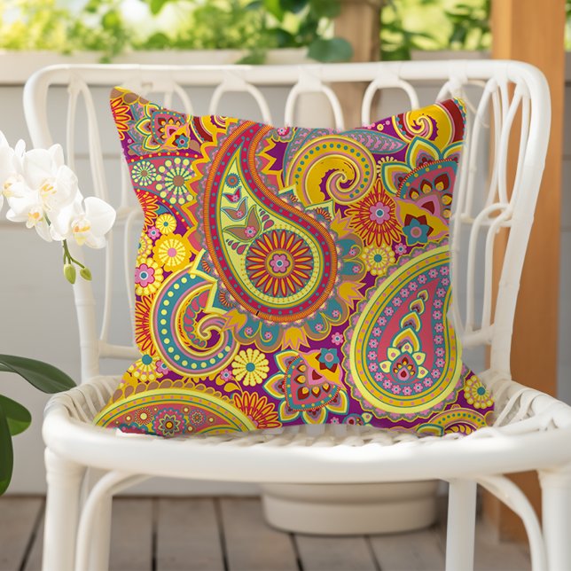 Paisley Pattern Yellow Purple Red Orange Outdoor Pillow (Creator Uploaded)