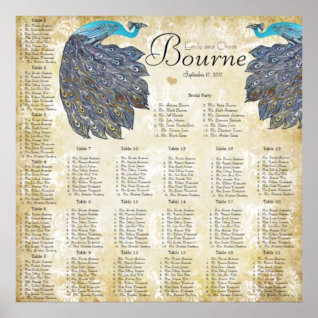 Paisley Peacock Colors Reception Seating Chart (Front)