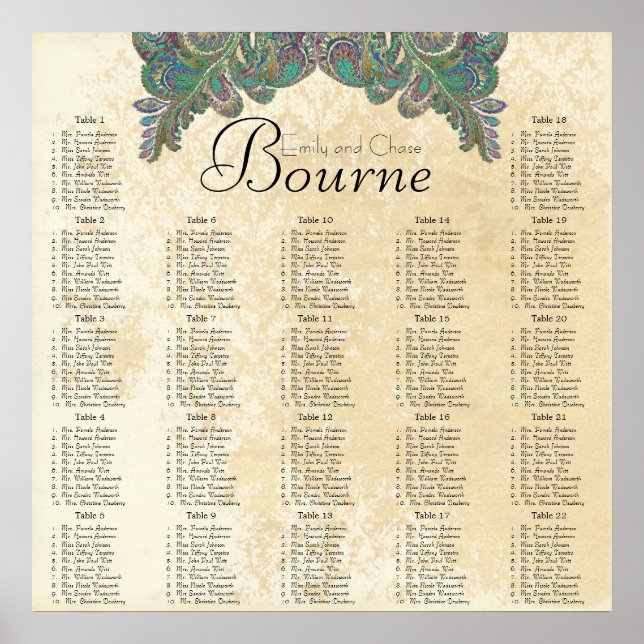 Paisley Peacock Colors Reception Seating Chart (Front)