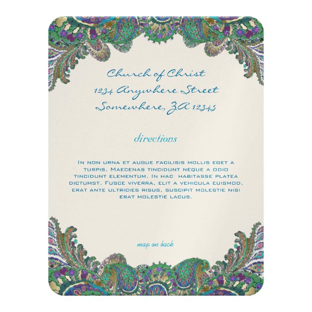 Paisley Peacock Colors Wedding Direction Reception Card