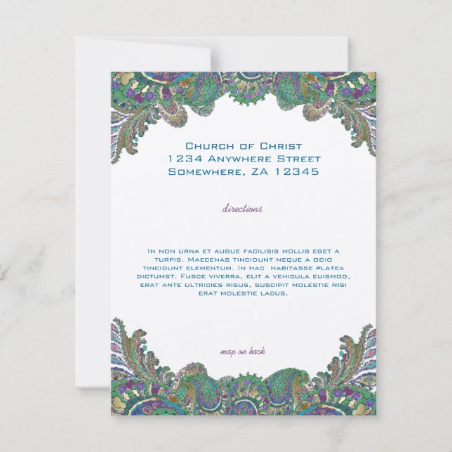 Paisley Peacock Colors Wedding Direction Reception Invitation (Front)