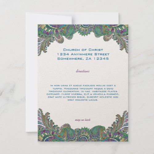 Paisley Peacock Colors Wedding Direction Reception Invitation