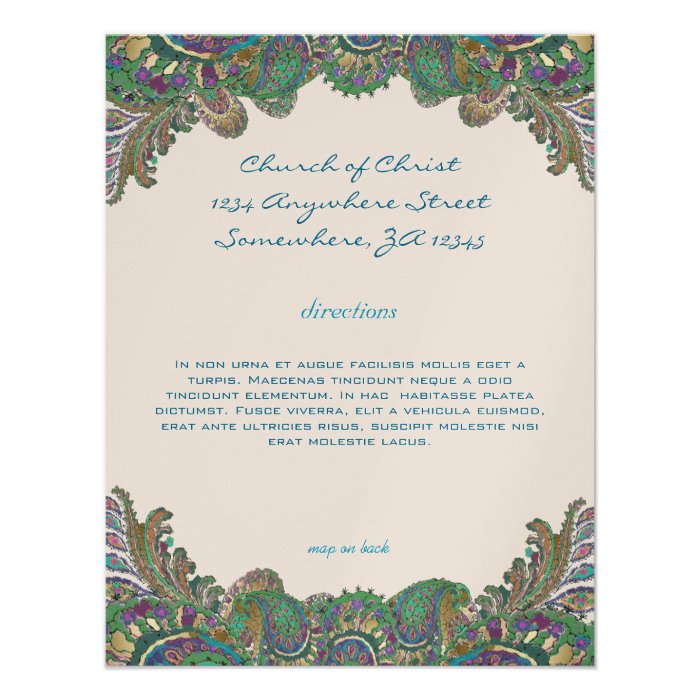 Paisley Peacock Colors Wedding Direction Reception Custom Invitations