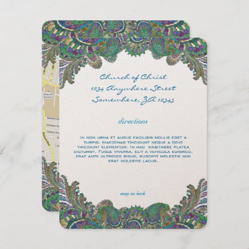 Paisley Peacock Colors Wedding Direction Reception Invitation