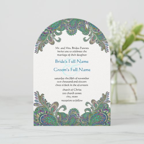 Paisley Peacock Colors Damask Wedding Invitation