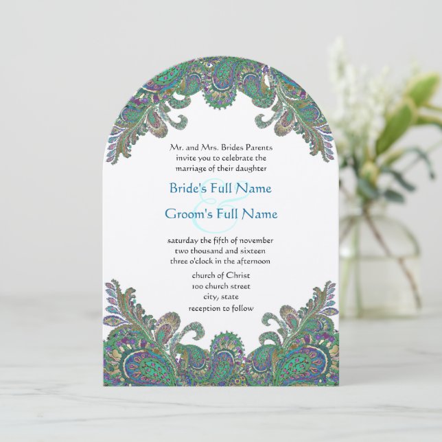 Paisley Peacock Colors Wedding Invitation (Standing Front)