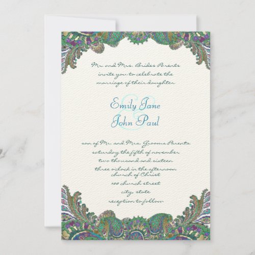 Paisley Peacock Colors Wedding Invitations