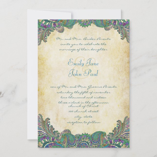 Paisley Peacock Colors Wedding Invitations (Front)
