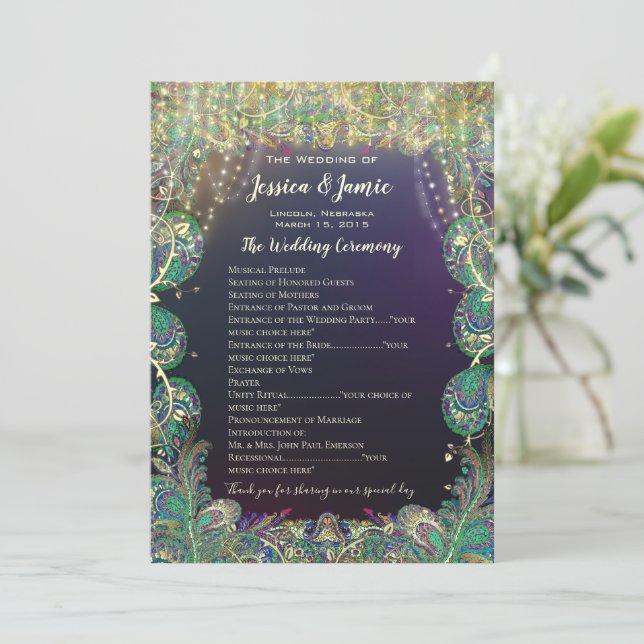 Paisley Peacock Colors Wedding Program (Standing Front)