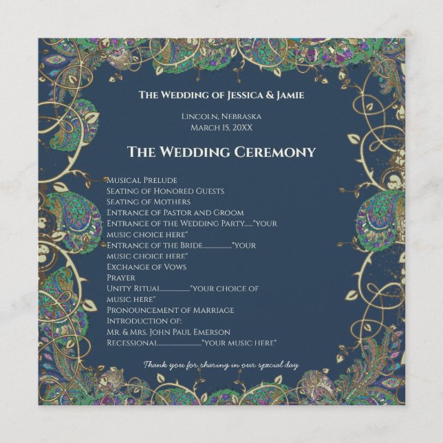 Paisley Peacock Colors Wedding Program (Front)