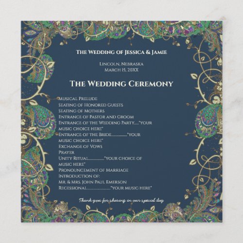 Paisley Peacock Colors Wedding Program