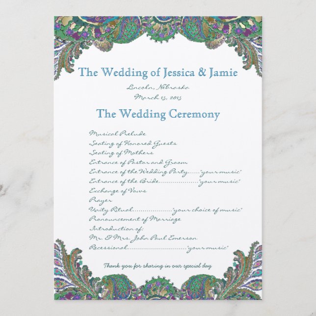 Paisley Peacock Colors Wedding Program (Front)