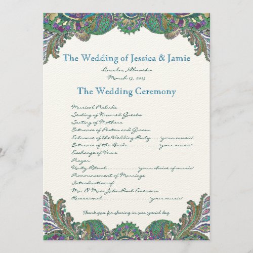 Paisley Peacock Colors Wedding Program