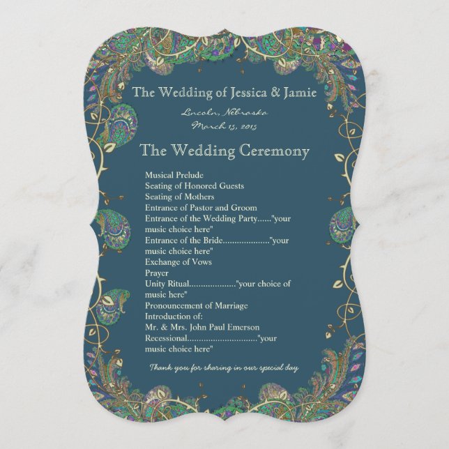Paisley Peacock Colors Wedding Program (Front)